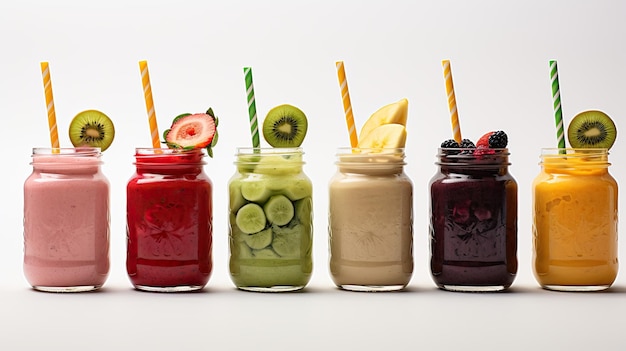 Foto collage van glazen potten met verse heerlijke smoothie en stro op witte achtergrond