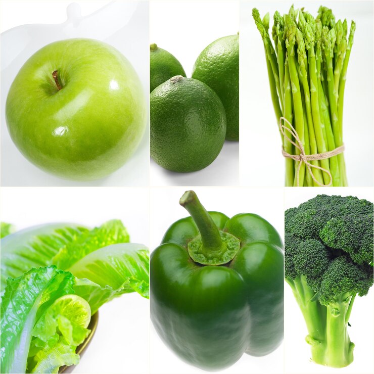 Foto collage van groene groenten en fruit