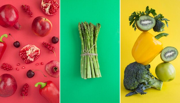 Collage van groenten en fruit op de gekleurde achtergrond. gezond eten. detailopname.
