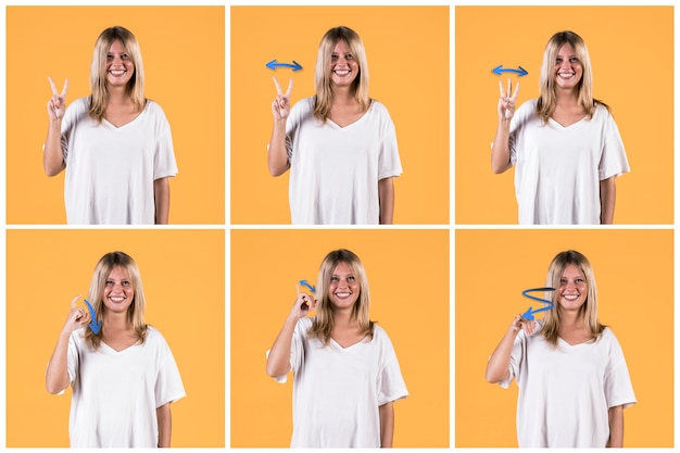 Collage van jong vrouwen gesturing doof teken