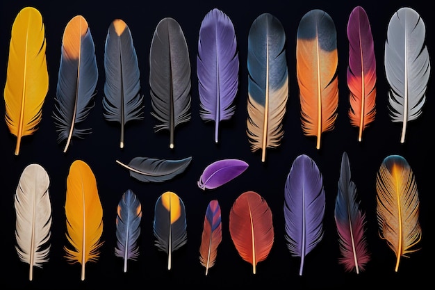 Collage van kleurrijke veren in verschillende maten en vormen die vrijheid en lichtheid vertegenwoordigen