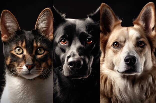 Collage van portretten van twee schattige honden en een mooie kat generatieve AI