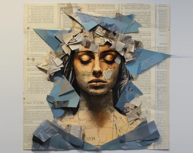 Collage van stukjes papier en kranten Vrouw met gesloten ogen gegenereerd door AI