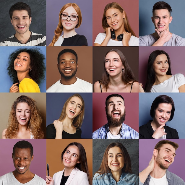 Foto collage van verschillende gelukkige mensen. set van mannelijke en vrouwelijke positieve portretten. jongeren die naar de camera glimlachen op kleurrijke studioachtergronden