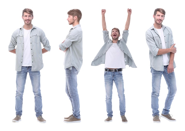 Collage van zelfverzekerde jonge man geïsoleerd op white