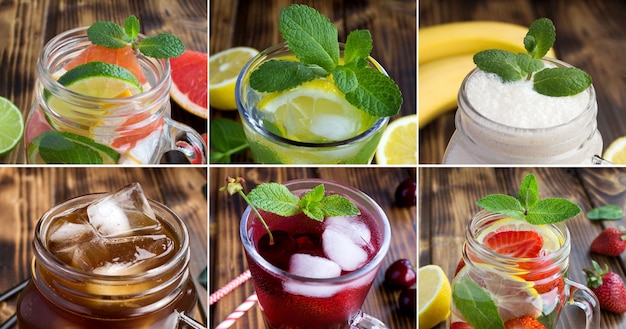 Collage van zomer koud drankje in het drinkglas op de houten achtergrond close-up