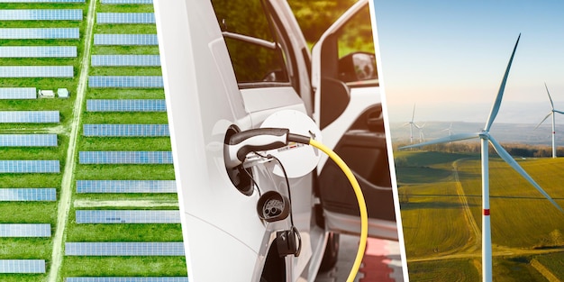 Collage van zonnepaneel windturbines en opladen elektrische auto voor opwekking van groene energie en re