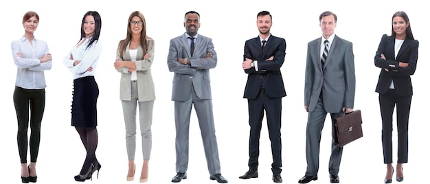 Collage of a variety of business people standing in a row isolated on white background