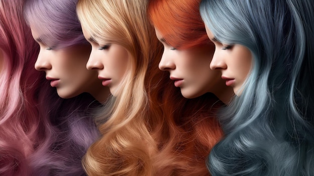 Photo collage variety of hair colors on a woman from blonde to brunette to silver dyed hair coloring