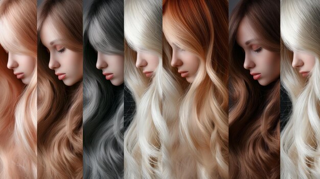 Photo collage variety of hair colors on a woman from blonde to brunette to silver dyed hair coloring