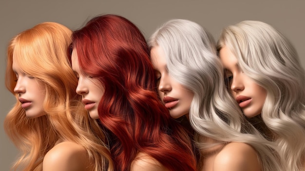 Photo collage variety of hair colors on a woman from blonde to brunette to silver dyed hair coloring