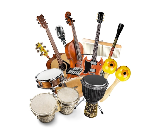 Photo collage of various musical instruments, electric guitar, violin, drums and others