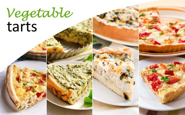 Collage of vegetable tarts cut on slices
