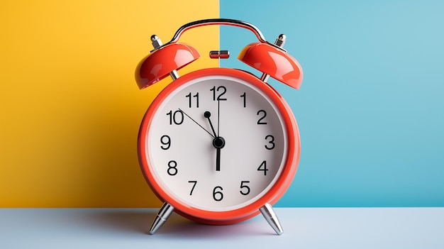 Collage of white alarm clock on the colored background