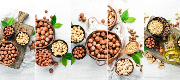 Collage White background of nuts Assortment of nuts