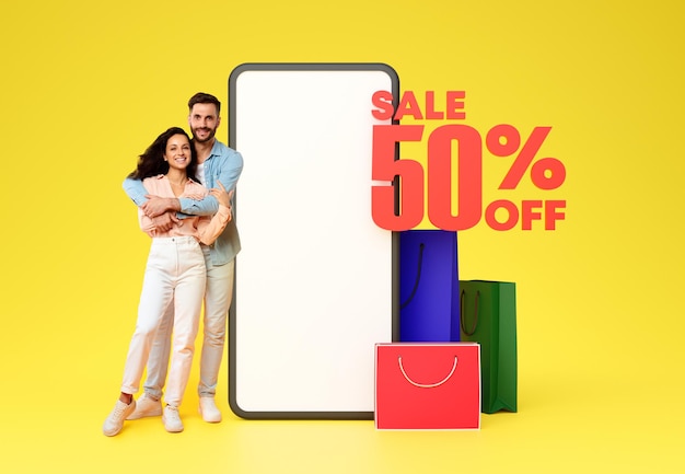 Collage with arabic couple buyers embracing near big large phone