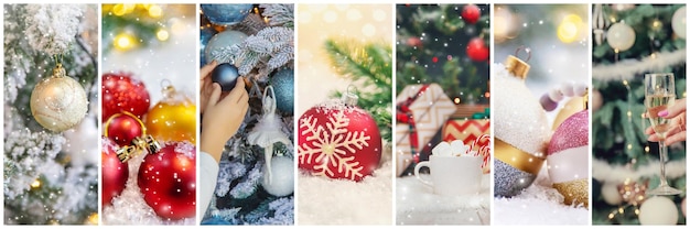 Collage with beautiful Christmas photos. Selective focus. New year.