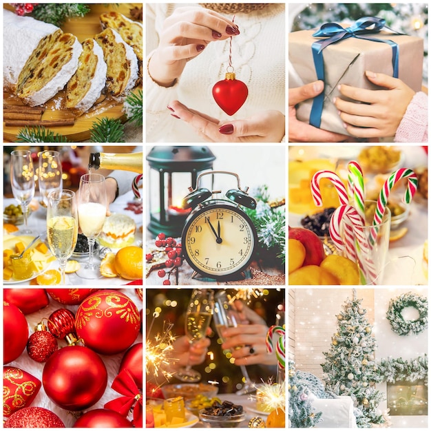 Collage with beautiful Christmas photos. Selective focus. New year.