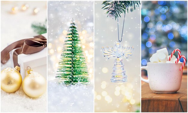 Collage with beautiful Christmas photos. Selective focus. New year.