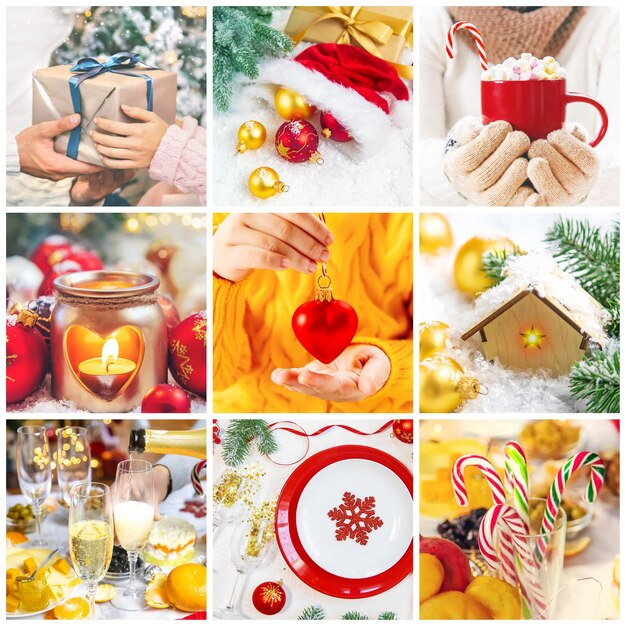 Collage with beautiful Christmas photos. Selective focus. New year.