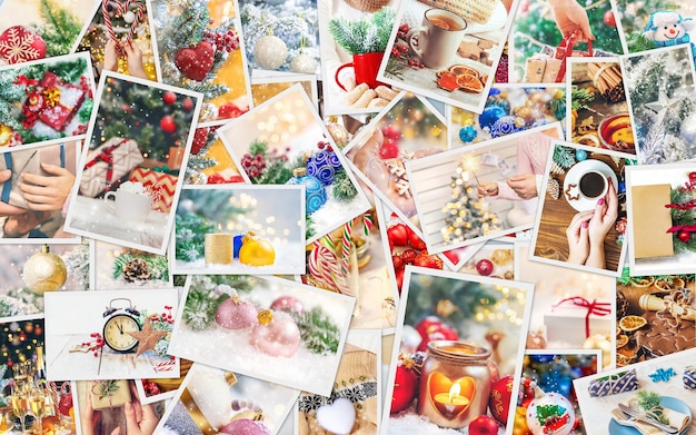 Collage with beautiful Christmas photos. Selective focus. New year.