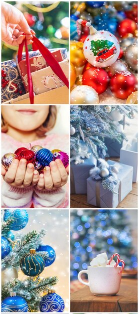 美しいクリスマスの写真とコラージュ。セレクティブフォーカス。