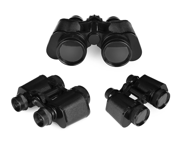 Collage with black binoculars on white background different sides