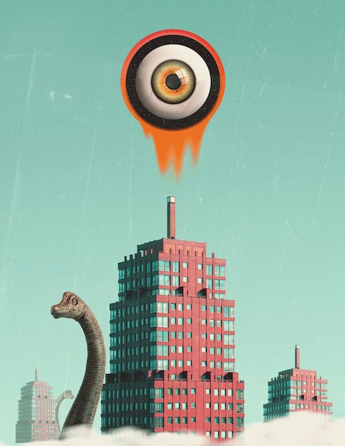 Foto collage con edifici e dinosauri