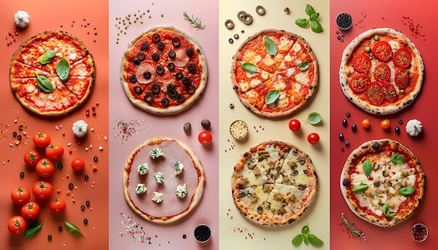 Photo collage with delicious pizzas and ingredients on color background