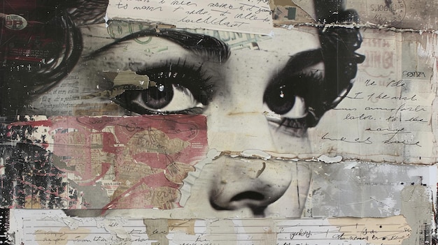 Collage with detailed eye artwork vintage stamps handwriting and map pieces for creative background