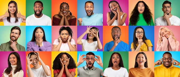 Photo collage with different facial expressions of multiethnic men and women