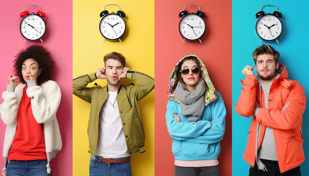 Photo collage with different people and big alarm clocks on color background