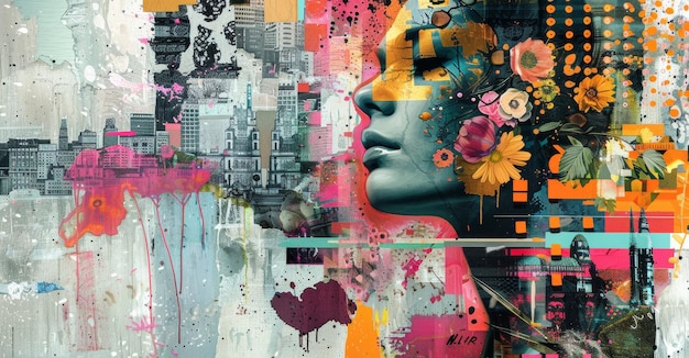 Collage with female profile adorned with vibrant cityscape and flowers bursts forth from an urban collage