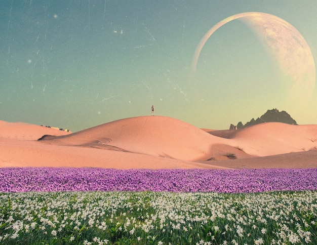 Photo collage with flower field and desert