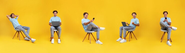 Фотография коллаж с мужчиной, использующим ноутбук и мобильный телефон, просматривающим веб-страницы, занимающимся цифровым досугом желтого цвета