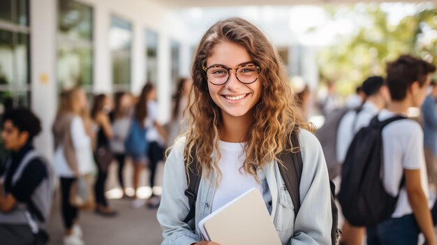 カラフルな背景に多くの幸せな学生とのコラージュ