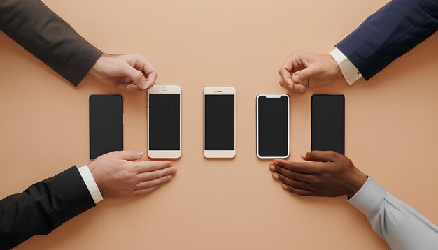 Photo collage with modern smartphones and businessmen shaking hands on beige background