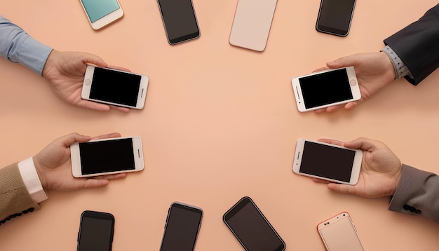 Photo collage with modern smartphones and businessmen shaking hands on beige background