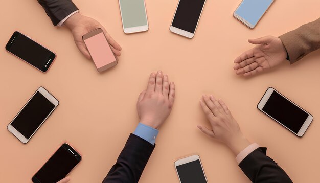 Photo collage with modern smartphones and businessmen shaking hands on beige background