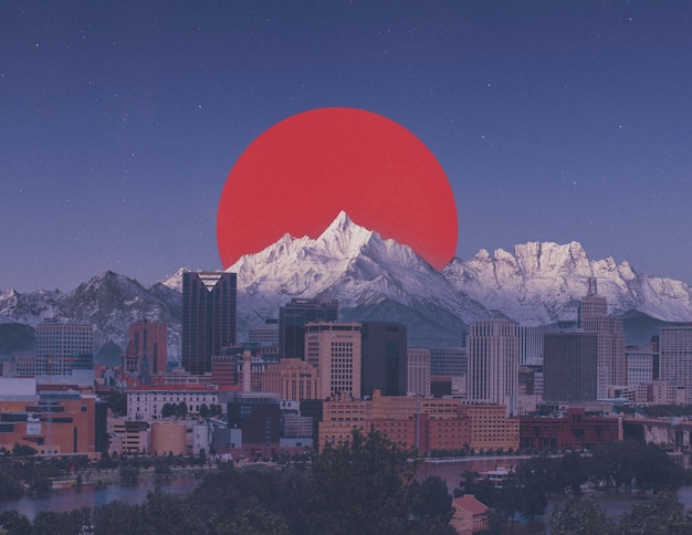 Collage with mountains in city