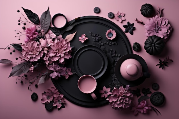 A collage with palette of pale pink and violet black elements