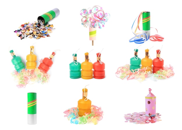 Collage with party poppers isolated on white