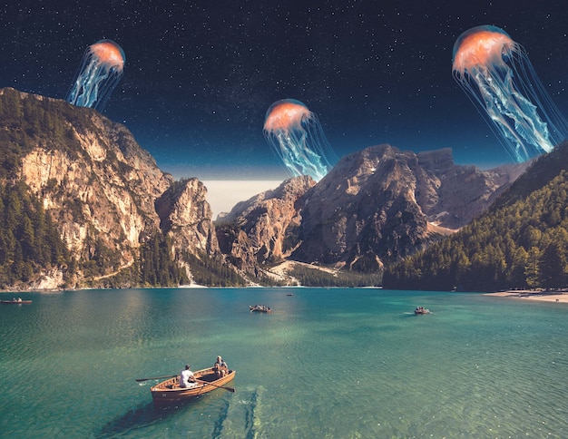 collage with people in boat and jellyfish