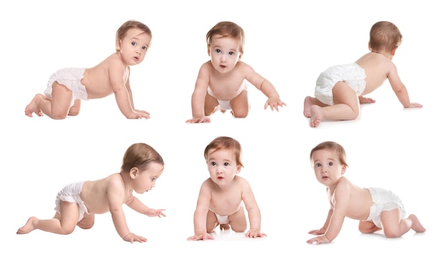 collage with photos of cute little baby in diaper on white background