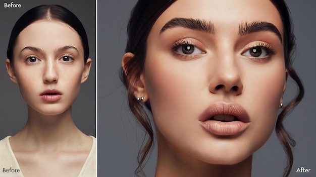 Collage with photos of young woman before and after lips augmentation procedure closeup