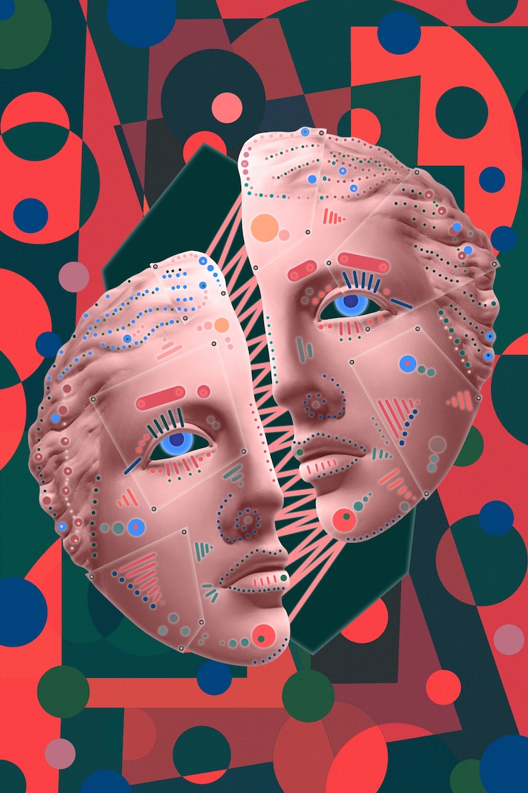 Photo collage with plaster antique sculpture of human face contemporary art poster funky punk minimalism