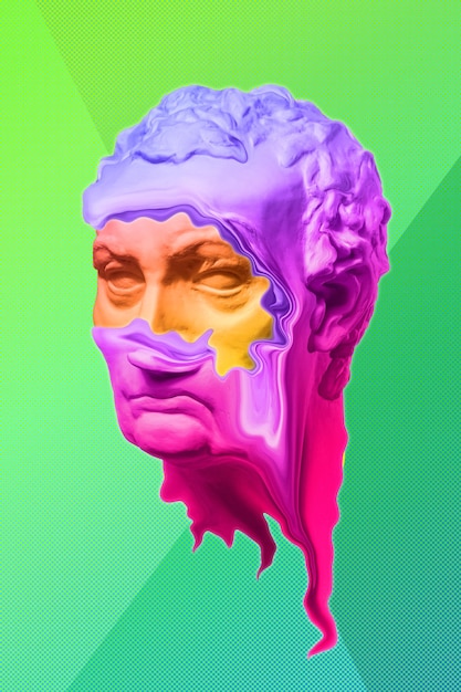 Collage with plaster antique sculpture of human face in a pop art style. Creative concept colorful neon image with ancient statue head. Zine culture. Cyberpunk, webpunk and surreal style poster.