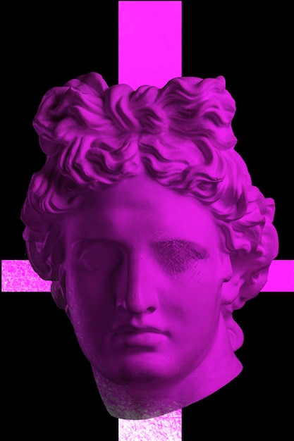 Collage with plaster antique sculpture of human face in a pop art style. Creative concept image with ancient statue head in purple colors. Zine culture. Contemporary art style poster. Apollo bust.