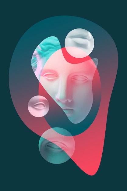 Photo collage with plaster antique sculpture of human face in a pop art style. modern creative concept image with ancient statue head. zine culture. contemporary art poster. funky minimalism. retro design.