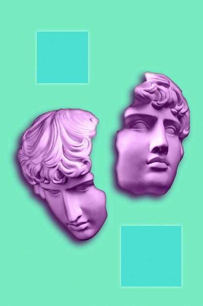 Collage with plaster antique sculpture of human face in a pop\
art style. modern creative concept image with ancient statue head.\
zine culture. contemporary art poster. funky minimalism. retro\
design.